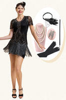 Load image into Gallery viewer, Black Sequined Beaded Fringe 1920s Dress With 20s Accessories Set