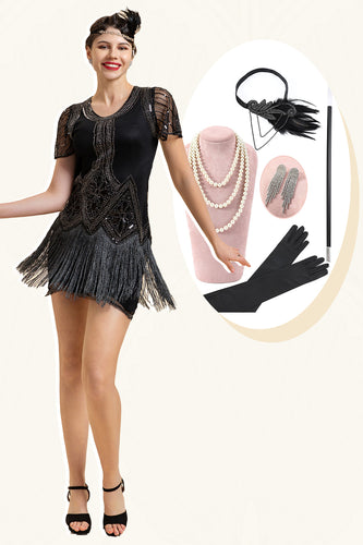 Black Sequined Beaded Fringe 1920s Dress With 20s Accessories Set