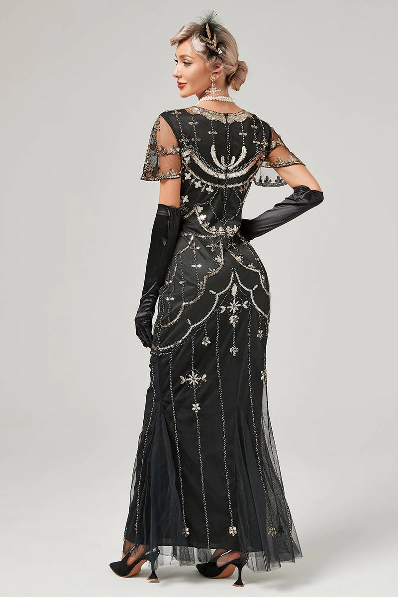 Load image into Gallery viewer, Green Beaded Long Flapper Dress with 1920s Accessories Set
