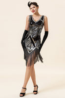 Load image into Gallery viewer, Silver Fringed Sequins Glitter Flapper Dress with 20s Accessories Set