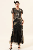 Load image into Gallery viewer, Sequins Golden Long Flapper Dress with 20s Accessories Set