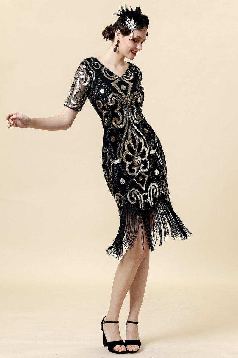 Load image into Gallery viewer, Vintage Fringed Glitter Flapper Dress with 1920s Accessories Set