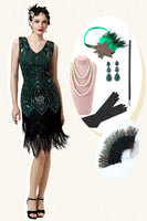 Load image into Gallery viewer, Green Fringed Gatsby Dress with 20s Accessories Set