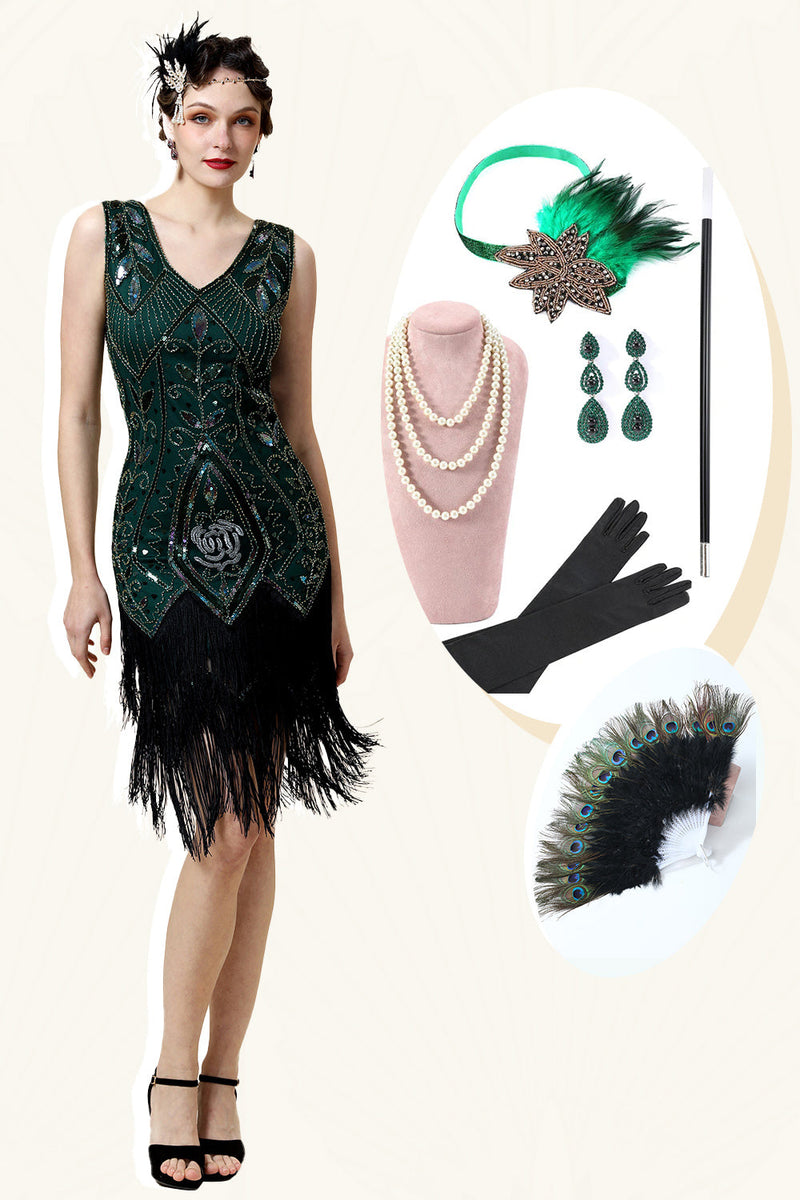 Load image into Gallery viewer, Green Fringed Gatsby Dress with 20s Accessories Set