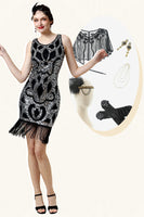 Load image into Gallery viewer, Silver Fringed Gatsby Dress with 1920s Accessories Set
