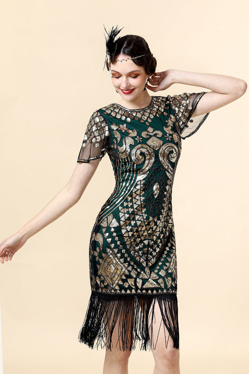 Load image into Gallery viewer, Sequins Green Glitter Flapper Dress with 1920s Accessories Set