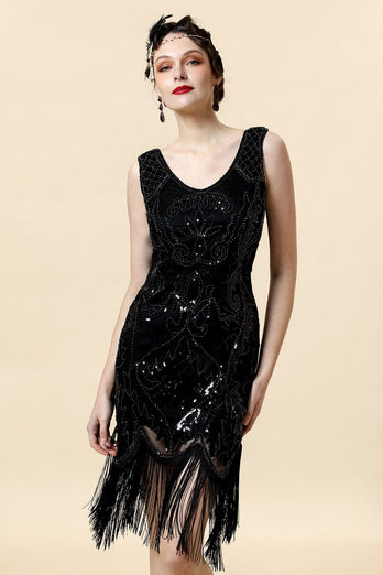 Beaded Black Fringed Flapper Dress with 20s Accessories Set
