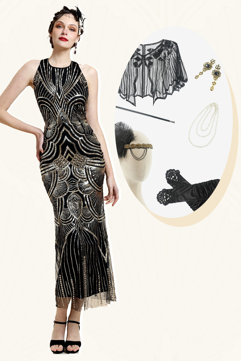 Load image into Gallery viewer, Halter Golden Sequins Flapper Dress with 20s Accessories Set