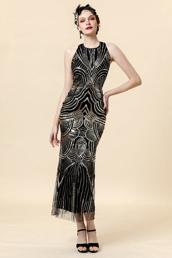 Halter Golden Sequins Flapper Dress with 20s Accessories Set