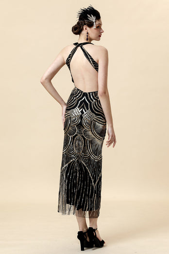 Halter Golden Sequins Flapper Dress with 20s Accessories Set