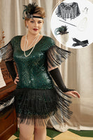 Load image into Gallery viewer, Green Plus Size 1920s Gatsby Dress with 20s Acessories Set