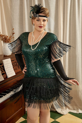 Green Plus Size 1920s Gatsby Dress with 20s Acessories Set