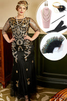 Load image into Gallery viewer, Black and Golden Plus Size 1920s Gatsby Dress with 20s Acessories Set