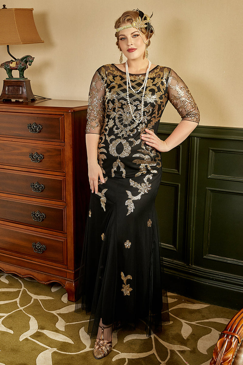 Load image into Gallery viewer, Black and Golden Plus Size 1920s Gatsby Dress with 20s Acessories Set