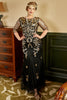 Load image into Gallery viewer, Black and Golden Plus Size 1920s Gatsby Dress with 20s Acessories Set