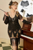 Load image into Gallery viewer, Black Golden Cap Sleeves 1920s Dress with 20s Accessories Set