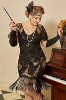 Load image into Gallery viewer, Black Golden Cap Sleeves 1920s Dress with 20s Accessories Set