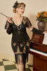 Load image into Gallery viewer, Black Golden Cap Sleeves 1920s Dress with 20s Accessories Set