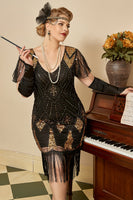 Load image into Gallery viewer, Black Golden Cap Sleeves 1920s Dress with 20s Accessories Set