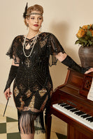 Load image into Gallery viewer, Black Golden Cap Sleeves 1920s Dress with 20s Accessories Set