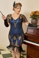Load image into Gallery viewer, Royal Blue Plus Size 1920s Gatsby Dress with 20s Acessories Set