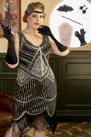 Load image into Gallery viewer, Black Golden 1920s Plus Size Dress with 20s Accessories Set