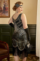 Load image into Gallery viewer, Black Golden 1920s Plus Size Dress with 20s Accessories Set