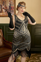 Load image into Gallery viewer, Black Golden 1920s Plus Size Dress with 20s Accessories Set