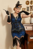 Load image into Gallery viewer, Royal Blue Plus Size Sequins Fringed 1920s Gatsby Dress with 20s Accessories Set