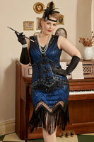 Load image into Gallery viewer, Royal Blue Plus Size Sequins Fringed 1920s Gatsby Dress with 20s Accessories Set