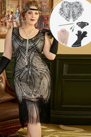 Load image into Gallery viewer, Black and Apricot Sequins 1920s Plus Size Dress with 20s Accessories Set