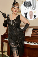 Load image into Gallery viewer, Black Sequins 1920s Flapper Plus Size Dress with 20s Accessories Set