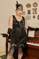 Load image into Gallery viewer, Black Sequins 1920s Flapper Plus Size Dress with 20s Accessories Set