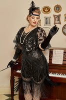 Load image into Gallery viewer, Black Sequins 1920s Flapper Plus Size Dress with 20s Accessories Set