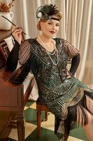 Load image into Gallery viewer, Golden and Green 1920s Plus Size Dress with 20s Accessories Set