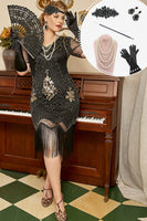 Load image into Gallery viewer, Black Short Sleeves 1920s Plus Size Dress with 20s Accessories Set