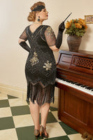 Load image into Gallery viewer, Black Short Sleeves 1920s Plus Size Dress with 20s Accessories Set