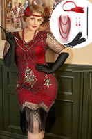Load image into Gallery viewer, Golden and Red 1920s Plus Size Dress with 20s Accessories Set