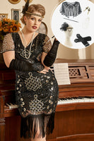 Load image into Gallery viewer, Black Sequins 1920s Flapper Plus Size Dress with 20s Accessories Set