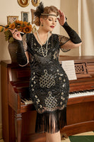 Load image into Gallery viewer, Black Sequins 1920s Flapper Plus Size Dress with 20s Accessories Set