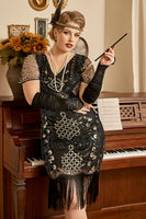 Load image into Gallery viewer, Black Sequins 1920s Flapper Plus Size Dress with 20s Accessories Set