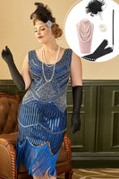 Load image into Gallery viewer, Royal Blue Sequined 1920s Plus Size Gatsby Dress with 20s Accessories Set