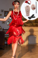 Load image into Gallery viewer, Queendancer Women Sparkly Red Sequined Flapper Dress with 20s Accessories Fringed Round Neck 1920s Gatsby Dress 