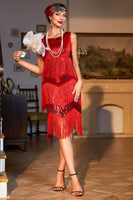 Load image into Gallery viewer, Sparkly Red Sequined Fringed 1920s Flapper Dress with 20s Accessories