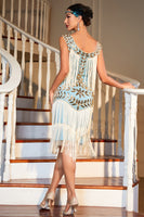 Load image into Gallery viewer, Sparkly Blue Tight Fringed Sequined 1920s Flapper Dress with 20s Accessories
