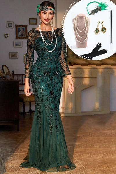 Queendancer Women Sparkly Dark Green Sequined Long 1920s Flapper Dress with 20s Accessories