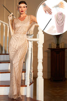 Load image into Gallery viewer, Queendancer Women 1920s Evening Gown Light Khaki Sequined Long 1920s Gatsby Dress with Accessories Set V-Neck Sheath Sparkly 1920s Cocktail Dress