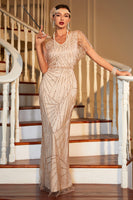 Load image into Gallery viewer, Light Khaki Sequined Long 1920s Great Gatsby Dress with Accessories Set