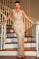 Load image into Gallery viewer, Light Khaki Sequined Long 1920s Great Gatsby Dress with Accessories Set