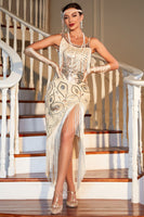 Load image into Gallery viewer, Champagne Sequined Fringed 1920s Gatsby Dress with Accessories Set